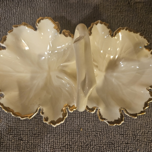 USA Pottery Cream and Gold Edged Two Bowl Ceramic Candy Dish - Picture 2 of 9